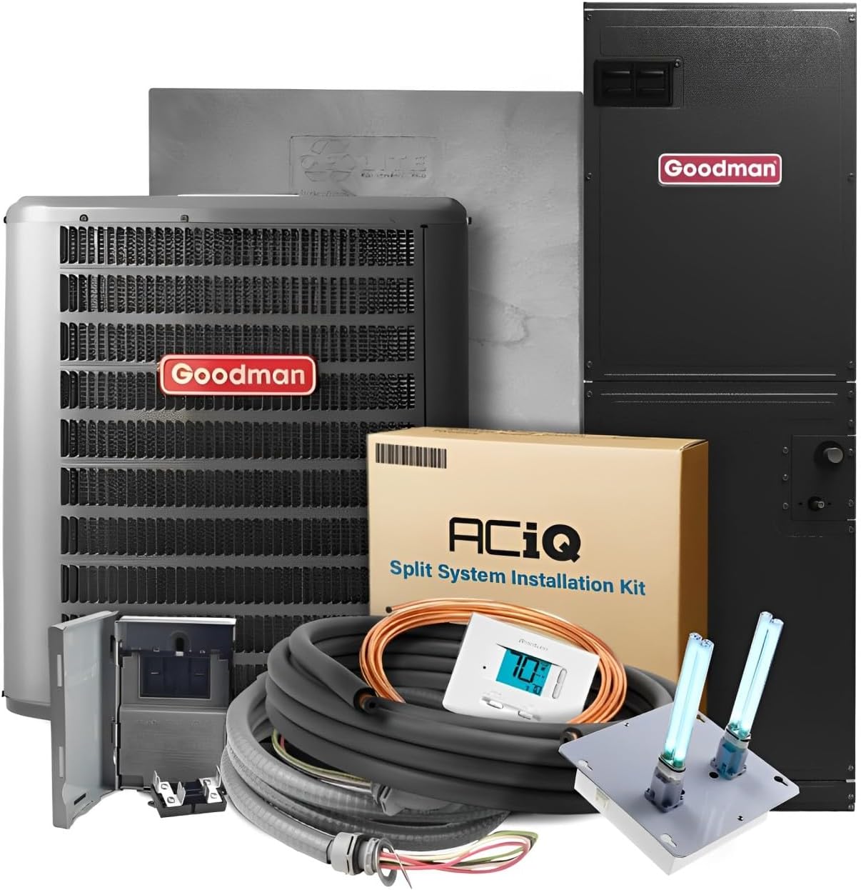 Goodman 15.2 SEER2 4 Ton 10kW Heat Pump Split System | Downflow, Upflow, or Horizontal Air Electric Handler with Thermostat and 30' Install Kit | Backup Heat Kit, Single Stage Condenser