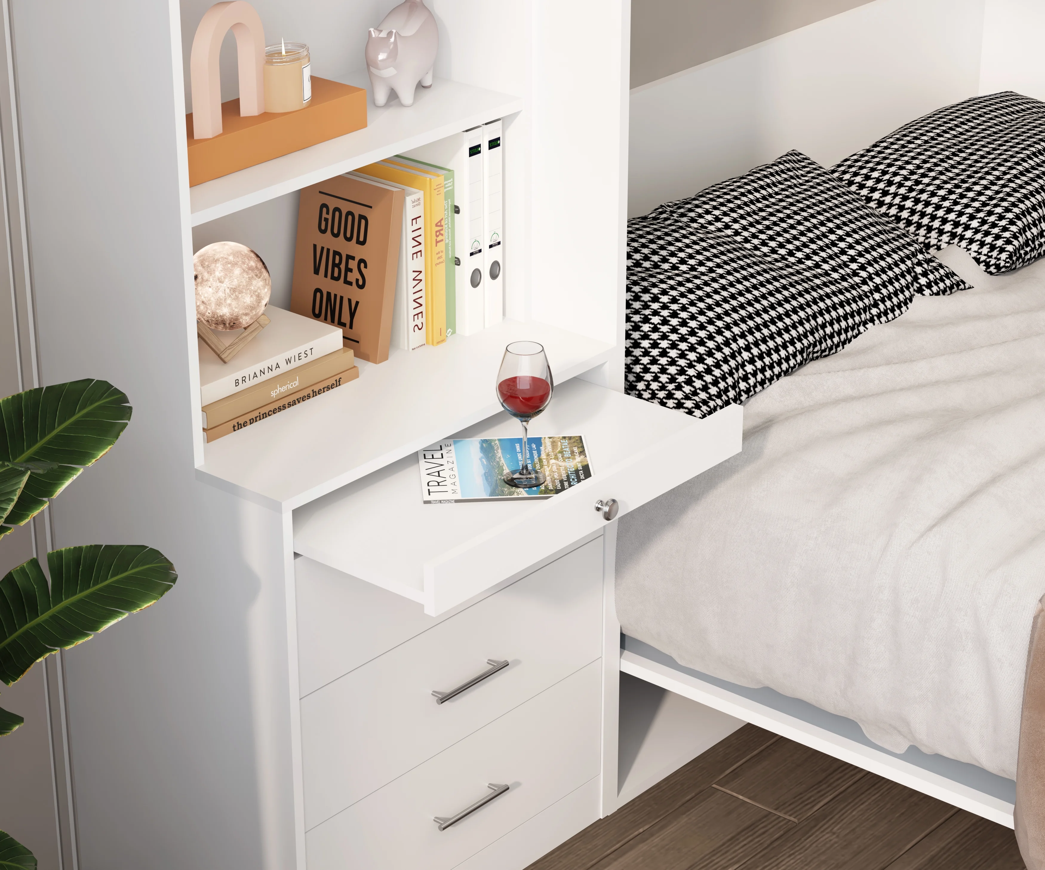 Full Size Vertical Murphy Bed with Shelf and Drawers for Bedroom or Guest room White Wall Bed Space Saving Hidden Bed Gas Struts (White)