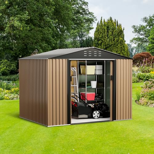 Outdoor Storage Shed, 8 x 6 FT Metal Storage Shed, Metal Garden Tool Shed with Roof, Door & Lock, Waterproof and Anti-UV, for Patio Garden Yard, Brown