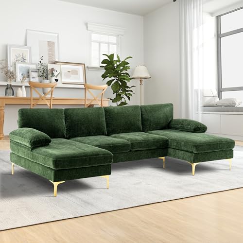 Modern U-Shaped Sectional Couch for Living Room - 110 in Chenille 4 Seater with Double Chaises and Golden Metal Legs - Ideal for Home, Office, Bedroom, Apartment, Green