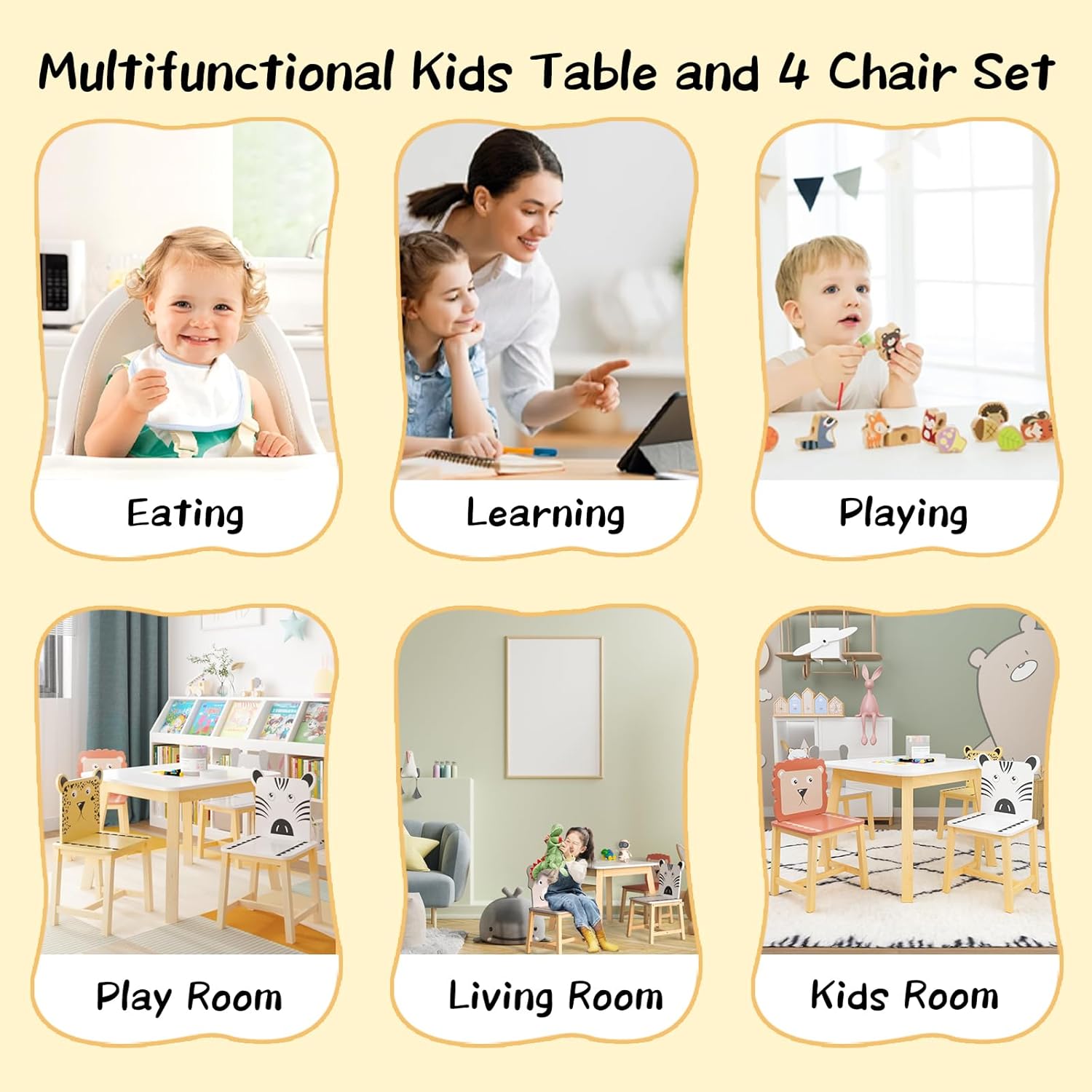 Wooden Children's Table and Four Chairs, Toddle Tables and Chairs Suitable for Children Aged 2-10