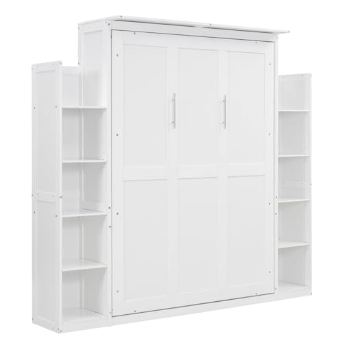 Full Size Murphy Bed, Wood Wall Bed Cabinet Bed with Wall Shelves and LED Lights, Modern Murphy Bed Frame, Foldable Platform, for Guest Room, Office, Apartment, White
