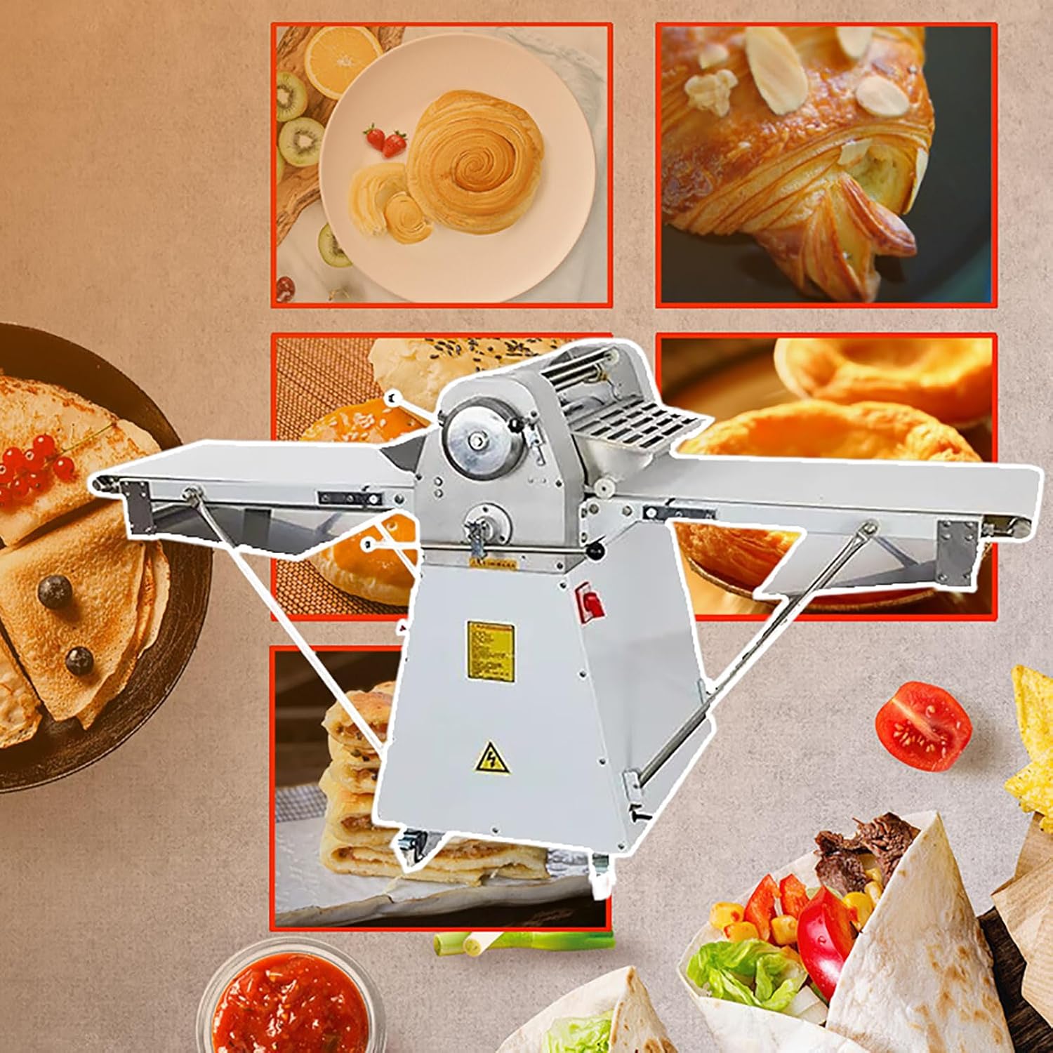Commercial Dough Sheeter Machine Reversible Dough Roller Sheeter Press Machine 0.06''-1.4'' Thickness Puff Pastry Pie Crust Croissant Crisping Folding Sheeter 20in Belt for Bakery 220V