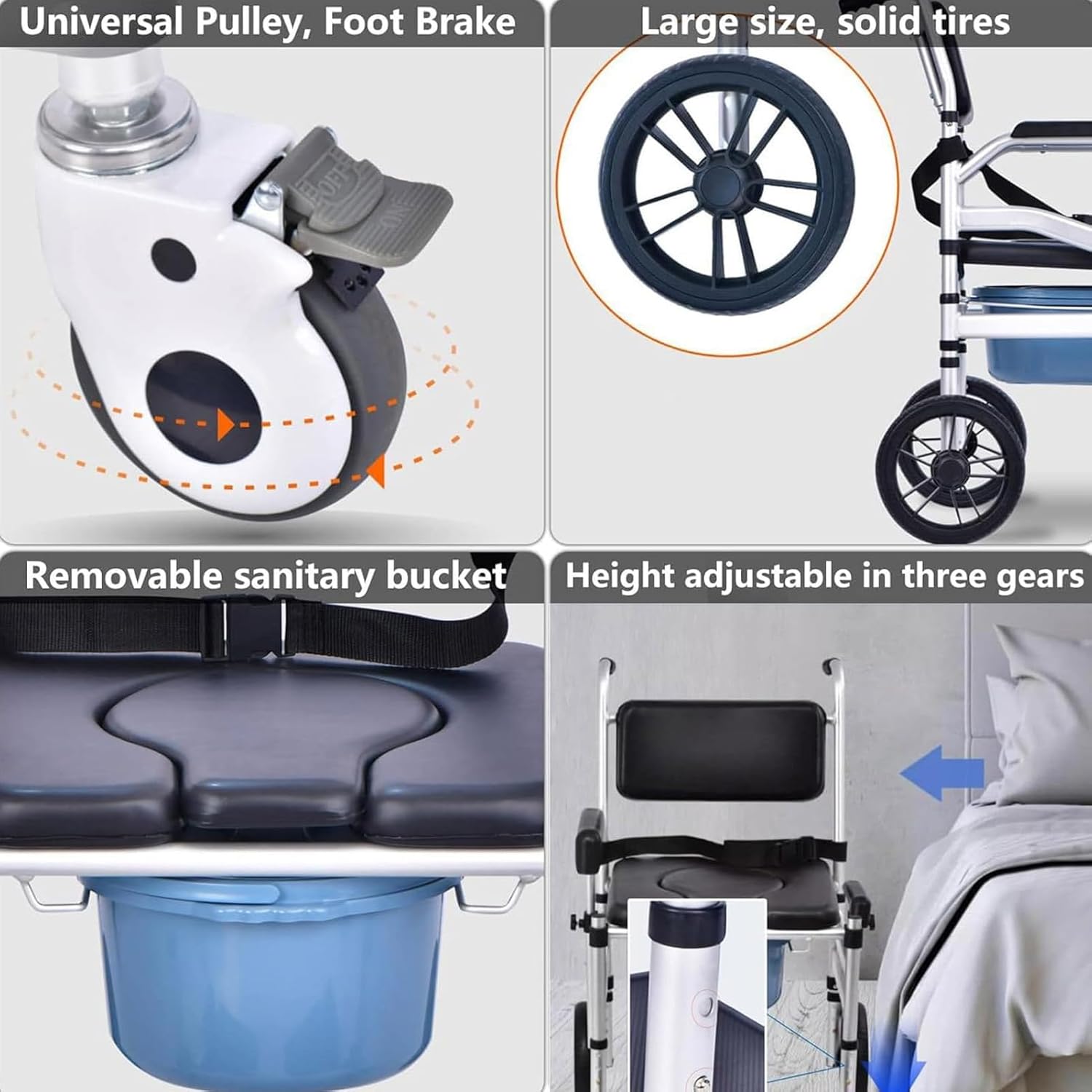 Height-Adjustable Commode Chair,Commode Chair on Wheels,Foldable Mobile Toilet Shower Stool for The Elderly and Disabled,Bedside Commode Chair with Removable Bucket and Flip-up Footrest