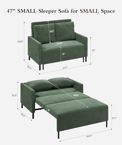 Sleeper Sofa Chair, 3 in 1 Convertible Sleeper Chair with Adjustable Backrest, 32" Pull Out Couch Bed 400lbs Support, Comfy Velvet Small Sofa Bed for Small Space with Pillow & 2 Pockets, Blue