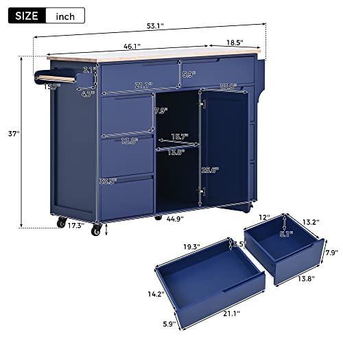 53" Mobile Kitchen Storage Islands with 8 Handle-Free Drawers Including a Flatware Organizer, Rolling Kitchen Island Cart with Storage Cabinet, Modern Kitchen Island Cart with Rubber Wood Top, White