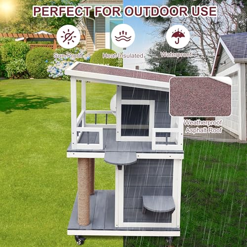 Rockever Outdoor Cat House, Large Outdoor Houses for Feral Cats Wooden Outside Cat Shelter Weatherproof with Escape Door