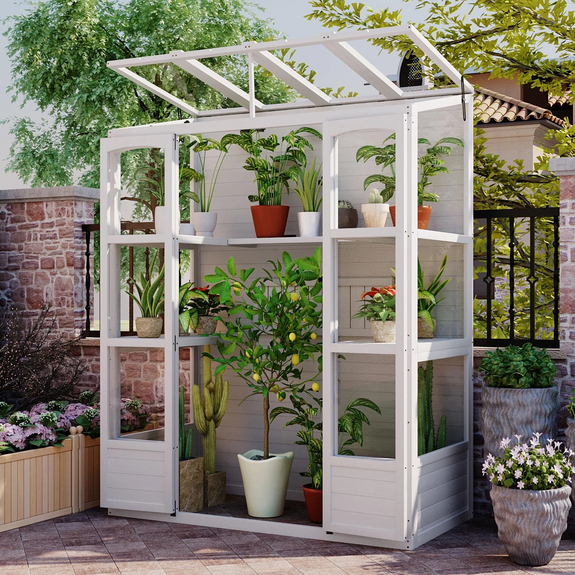 57.9"W x 29.1"D x 78.1"H Large Greenhouses for Outdoors Indoor, Wood Frame Polycarbonate Garden Greenhouse with Folding Shelves and Windows, White