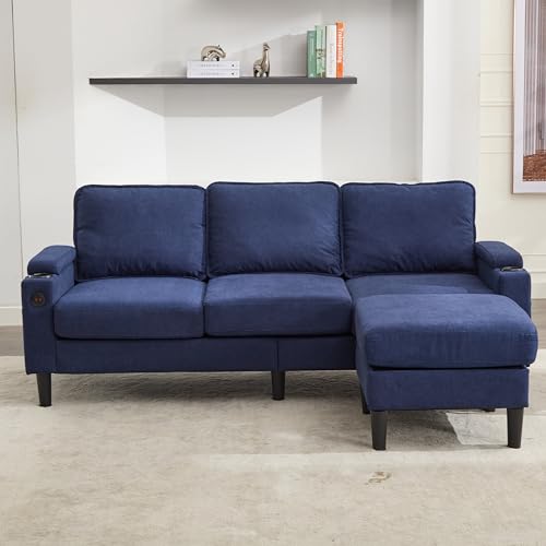 OUYESSIR L Shape Sectional Sofa Couch, 78" Linen 3 Seat Couch with Movable Storage Ottoman & USB Port, Modern Futon Small Convertible Modular Sofa Set for Living Room Office Apartment, Beige