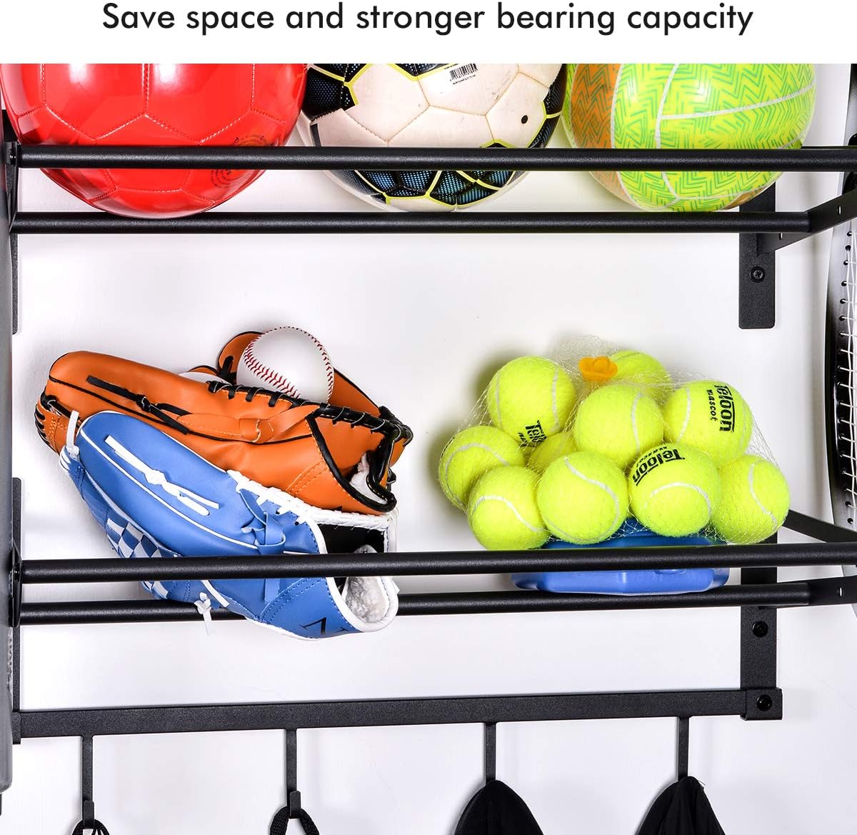 Sunix Garage Sports Equipment Storage, Basketball Rack with 3 Racks, Sports Equipment Organizer Wall Mount Shelf with 4 Hooks for Rackets, Sports Equipment Storage Rack, Basketball Rack Pack of 2