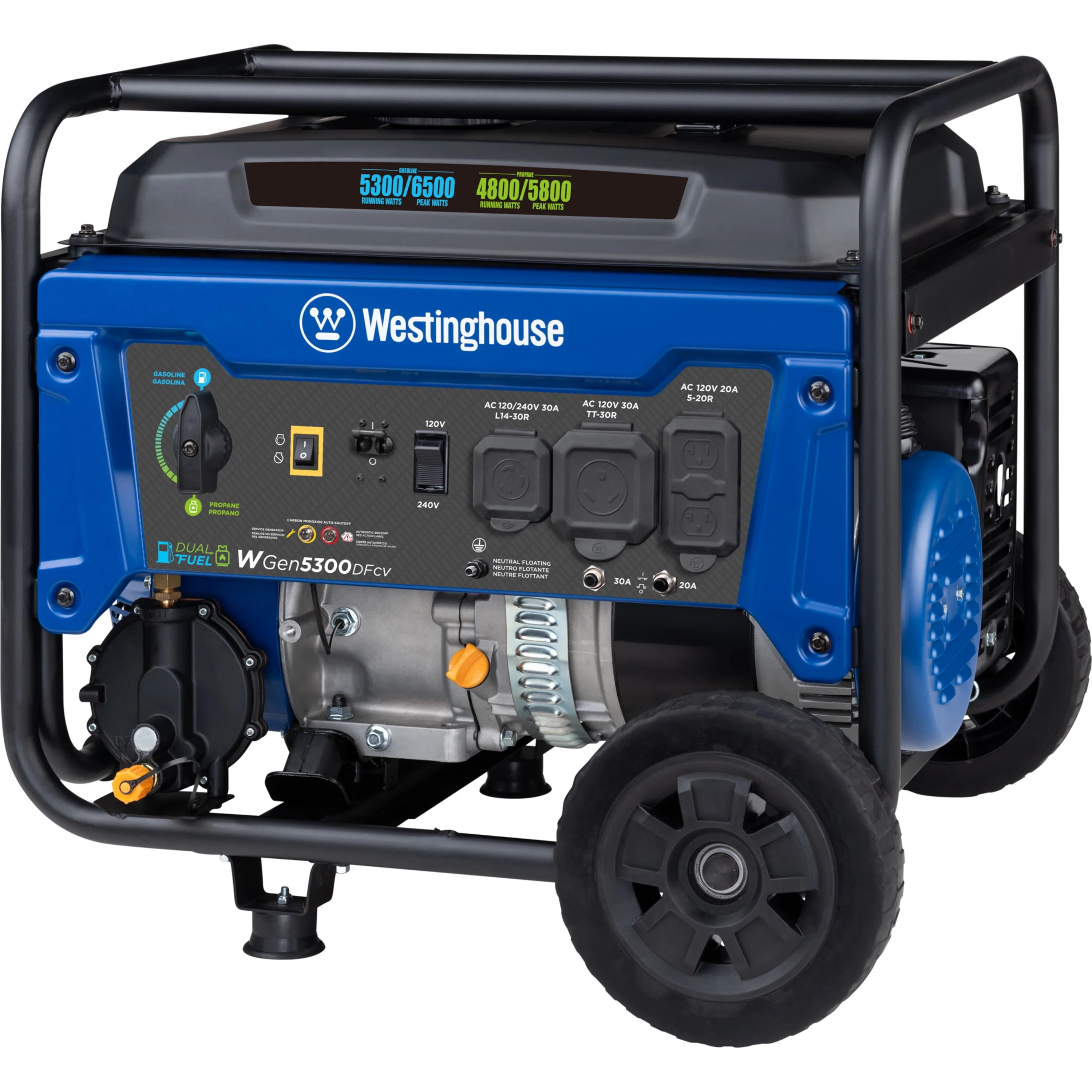 Westinghouse 6500 Peak Watt Home Backup Dual Fuel Portable Generator with CO Sensor and Wheel Kit