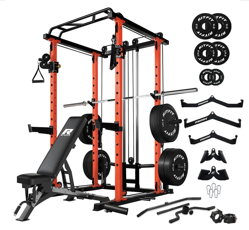 RitFit Multi-Function Squat Rack Power Cage PPC03 with Cable Crossover System, 1000LBS Capacity Power Rack and Packages with Optional Weight Bench, Barbell Weight Set, for Garage Workout & Home Gym