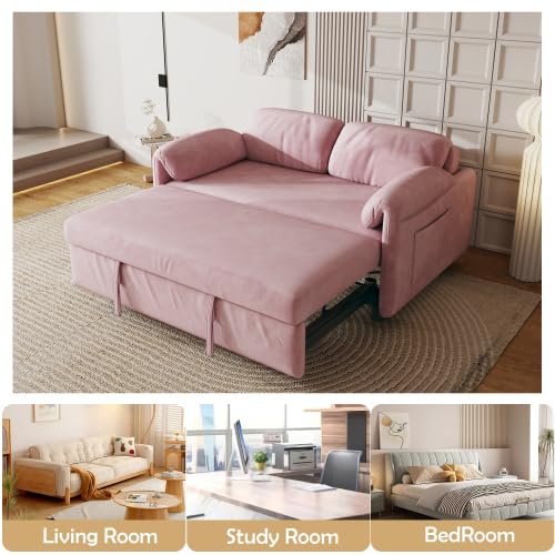 Convertible Pull Out Sofa Couch Bed with Mattress, 54'' Velvet 2-Seater Loveseat Sleeper, Futon Couches Pull Out Bed, Pop Up Daybed Sofa Bed with Storage Pockets for Living Room Small Space (Pink)