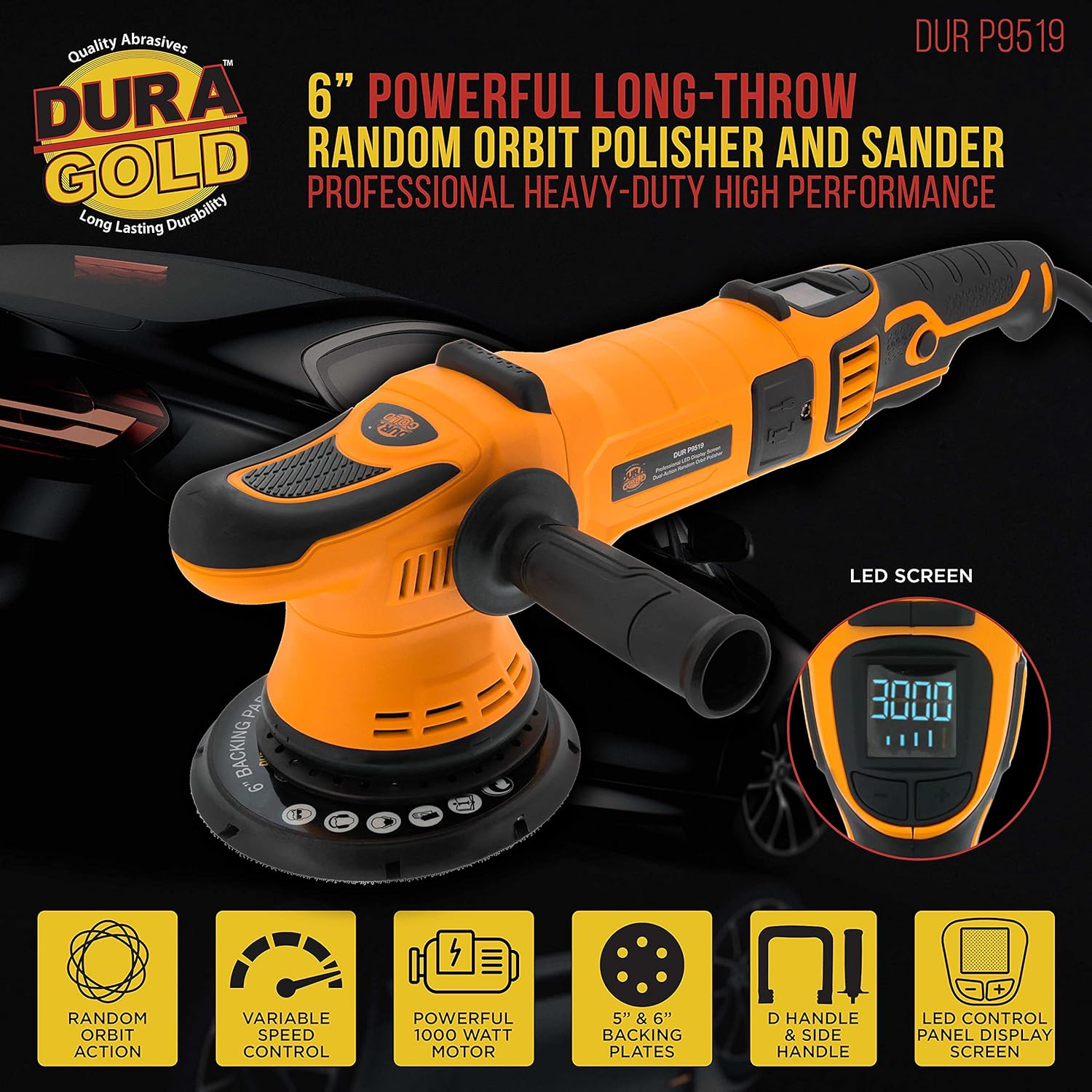 Dura-Gold Heavy Duty 6" Long-Throw Random Orbit Dual-Action Polisher Buffer Sander with Buffing & Polishing 8 Pad Kit, Variable Speed, LED OPM Display, High-Performance, 1000 Watts, Car Auto Detailing