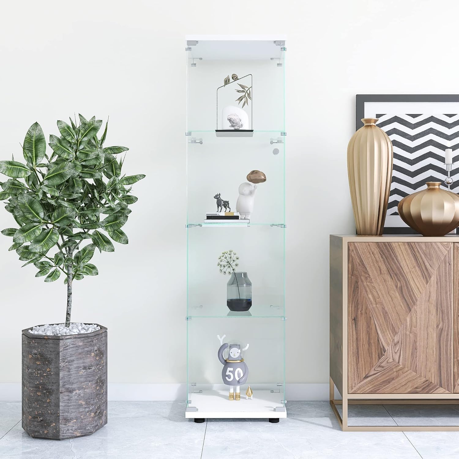4-Shelf Glass Display Cabinet with Door and Lock, Upgraded Quick-Install Style Curio Cabinets 5mm Tempered Glass Floor Standing Bookshelf for Bedroom, Living Room 64.7”x 16.7”x 14.3” White