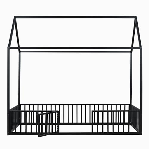 Merax Twin Size Montessori Floor Bed, Metal House Bed Frame with Roof for Kids, Teens, Girls, and Boys, No Box Spring Needed, Black
