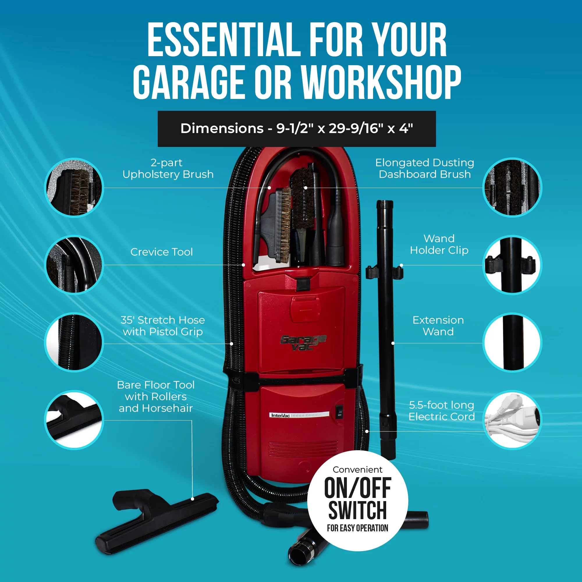 InterVac Garage Vacuum Cleaner for Workshop, 1 Gallon Garage Vacuum Wall Mounted, Stretch Hose Shop Vacuum for RVs, Boats, Cabins and Utility Rooms