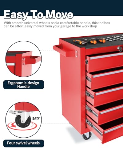 Heavy-Duty 7-Drawer Rolling Tool Chest with Wheels, Steel Tool Storage Cabinet with Lock & Liner for Workshop for Workshop/Garage - Includes 7 Organizer Boxes, Black