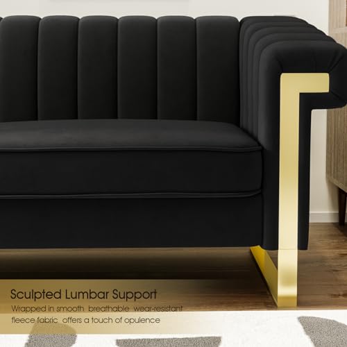 83" Modern Luxury Velvet Couch Comfortable 3 Seater Tufted Sofa Comfortable 3 Person Fashion Couches Solid Wood Frame Metal Legs for Living Room Office Playroom Furniture (P82-Black)