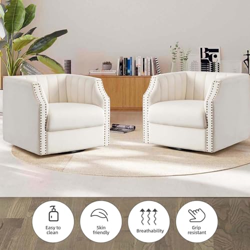 Swivel Barrel Chair Set of 2 360° Curved Accent Chairs Upholstered Comfy Single Sofa Chairs Modern Home Corner Barrel Chair with Brass Rivets for Living Room, Bedroom, Home Office (2)