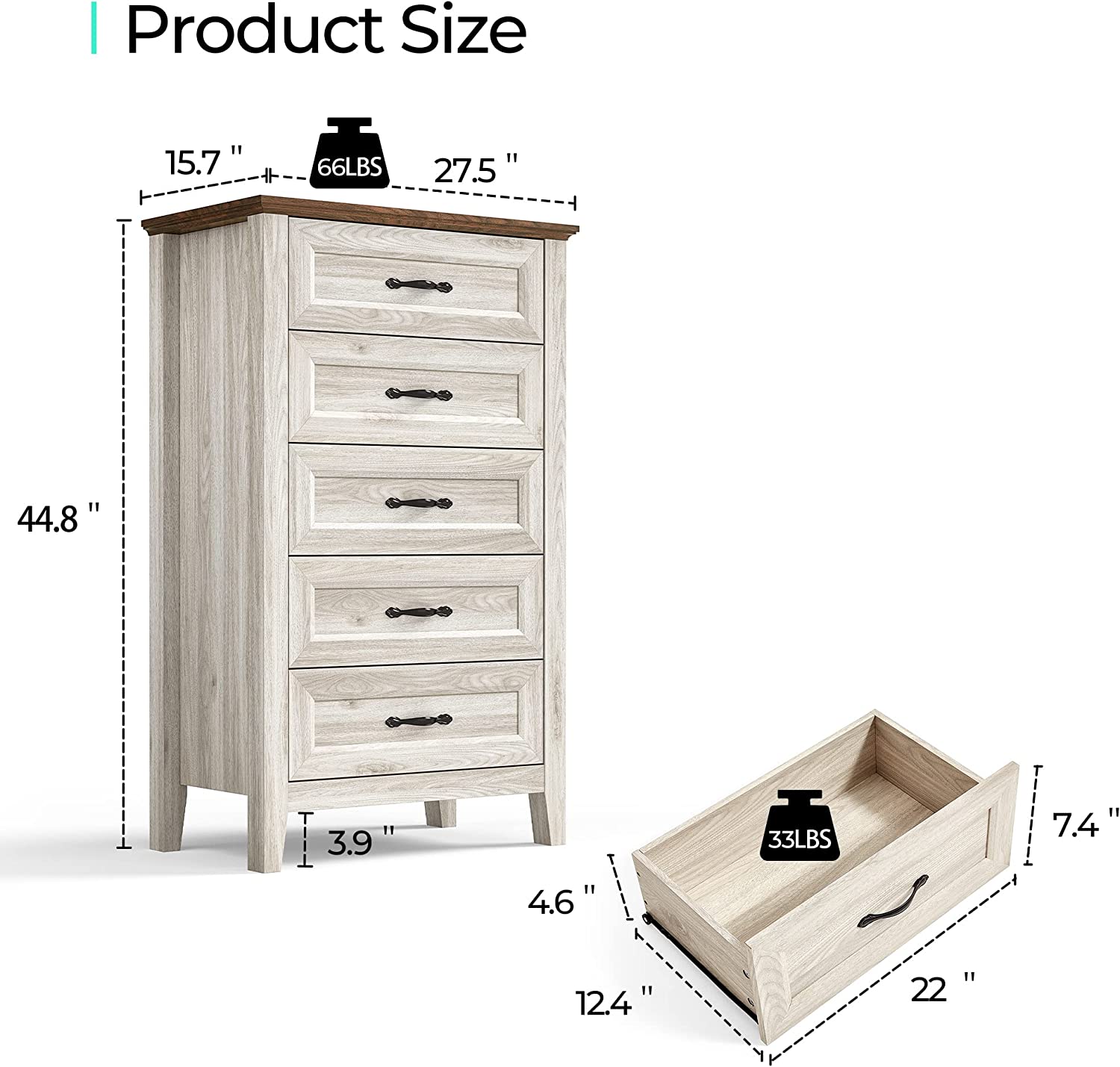 Beige Dresser for Bedroom, 5 Drawer Dresser with Metal Handles, Chest of Drawers, Tall Dresser for Living Room, Entryway, and Closet