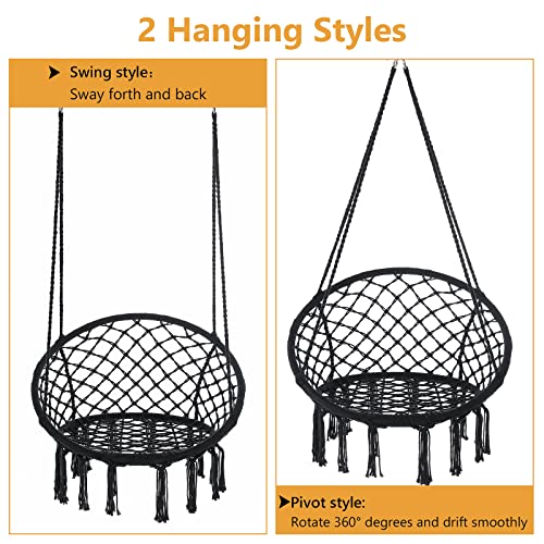 Hammock Chair Macrame Swing Set of 2 Bohemian Style Hammock Swing Chair with Tassels Hanging Swing Chair Handmade Knitted Cotton Rope for Indoor Outdoor Bedroom Patio Max 330 Lbs Black