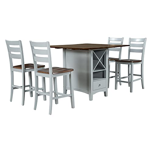 Counter Height Wood 5-Piece Dining Table Set with Drop Leaf, Space-Saving Kitchen Table Set with Wine Rack and Drawers, Rectangular Dining Table & 4 Chairs, Cherry+Gray