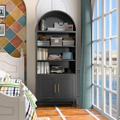 73 in Tall Metal Arched Bookcase, 5-Tier Arched Bookcase with Doors, Modern Farmhouse Bookshelf with 2 Adjustable Shelves, Kitchen Pantry Cabinet for Living Room, Black, Assembly Required