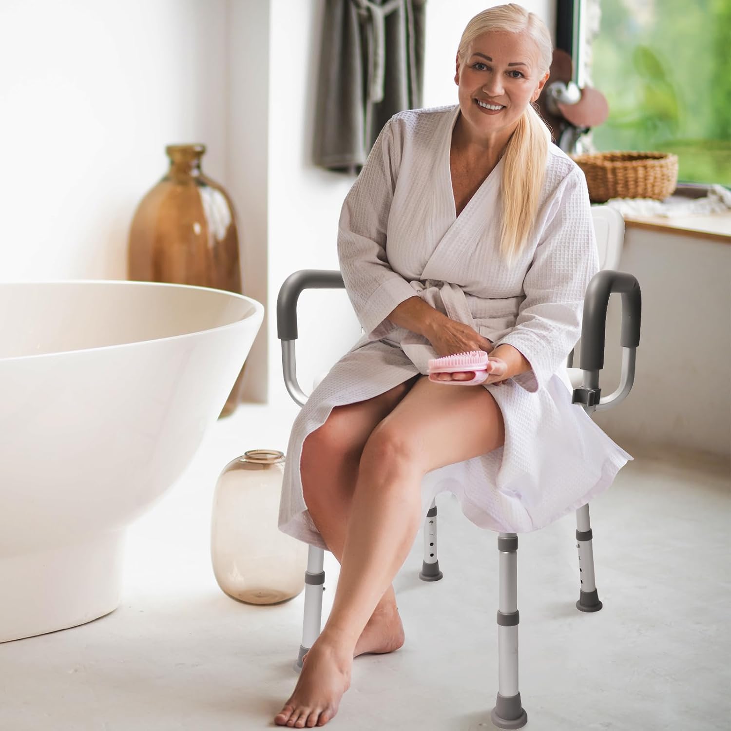 LUNYEE 360° Swivel Shower Chair for Elderly and Disabled Support 400lbs Non-Slip Sliding Shower Chair for Inside Shower with Bath Rug & Back Scrubber Bath Chairs for Seniors Tub with Arms and Back