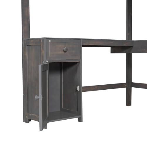 Harper & Bright Designs Full Size Loft Bed with Desk, Bookshelf, Solid Wood Loft Bed Frame with Storage Drawers and Bedside Tray, Charging Station (White)
