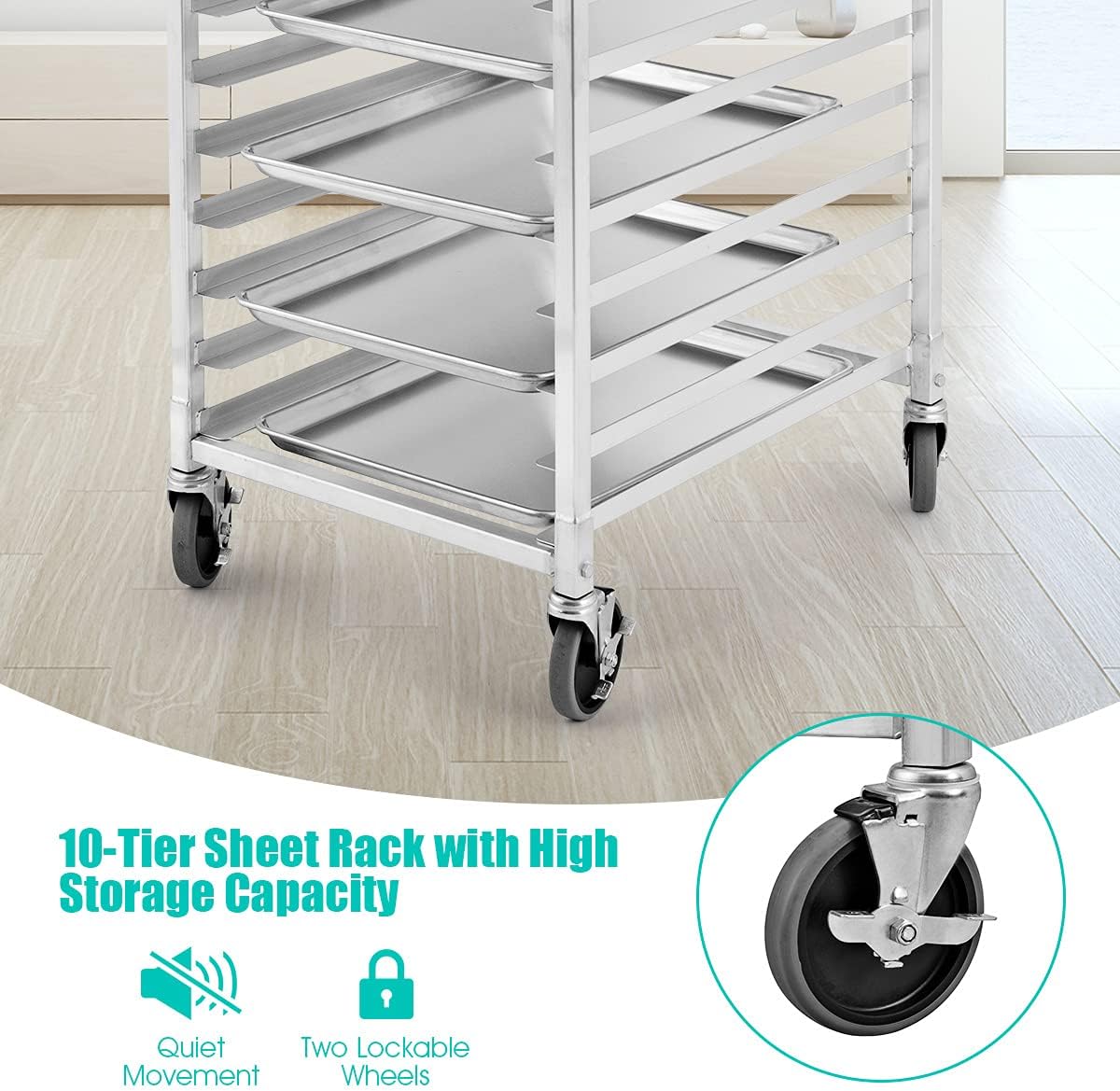 10 Tier Sheet Pan Rack, Commercial Aluminum Full & Half Bun Pan Bakery Rack with Brake Wheels for Restaurant Home Kitchen