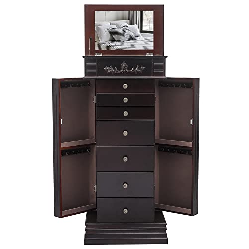 WEI WEI GLOBAL Jewelry Armoire Cabinet with Flip Top Mirror and Compartments - Large Standing Jewelry Chest - Wooden Jewelry Storage Box Organizer - Black