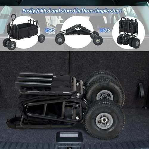 AHB Fishing Cart 550lbs Beach Wagon Cart, Heavy Duty Foldable Cart with All Terrain Big Wheels, Collapsible Wagon with 5 Rod Holders, Umbrella Holder and Cargo Net (Black)
