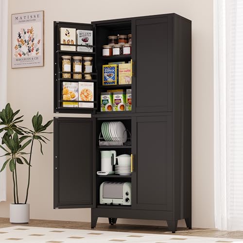 75.2" Tall Metal Pantry Cabinet, Storage Cabinets with 4 Door and 4 Adjustable Shelves, Black Kitchen Pantry Storage Cabinet, Freestanding Cupboard for Kitchen Dining Room Living Room Bathroom
