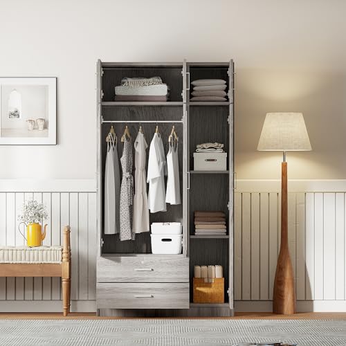 6-Door Armoire Wardrobe Closet with Mirror, 2 Drawers Wooden Armoire Closet Cabinet for High Storage Capacity, Bedroom Armoires with 1 Hanging Rod 41.3" L x 19.5" W x 81.1" H