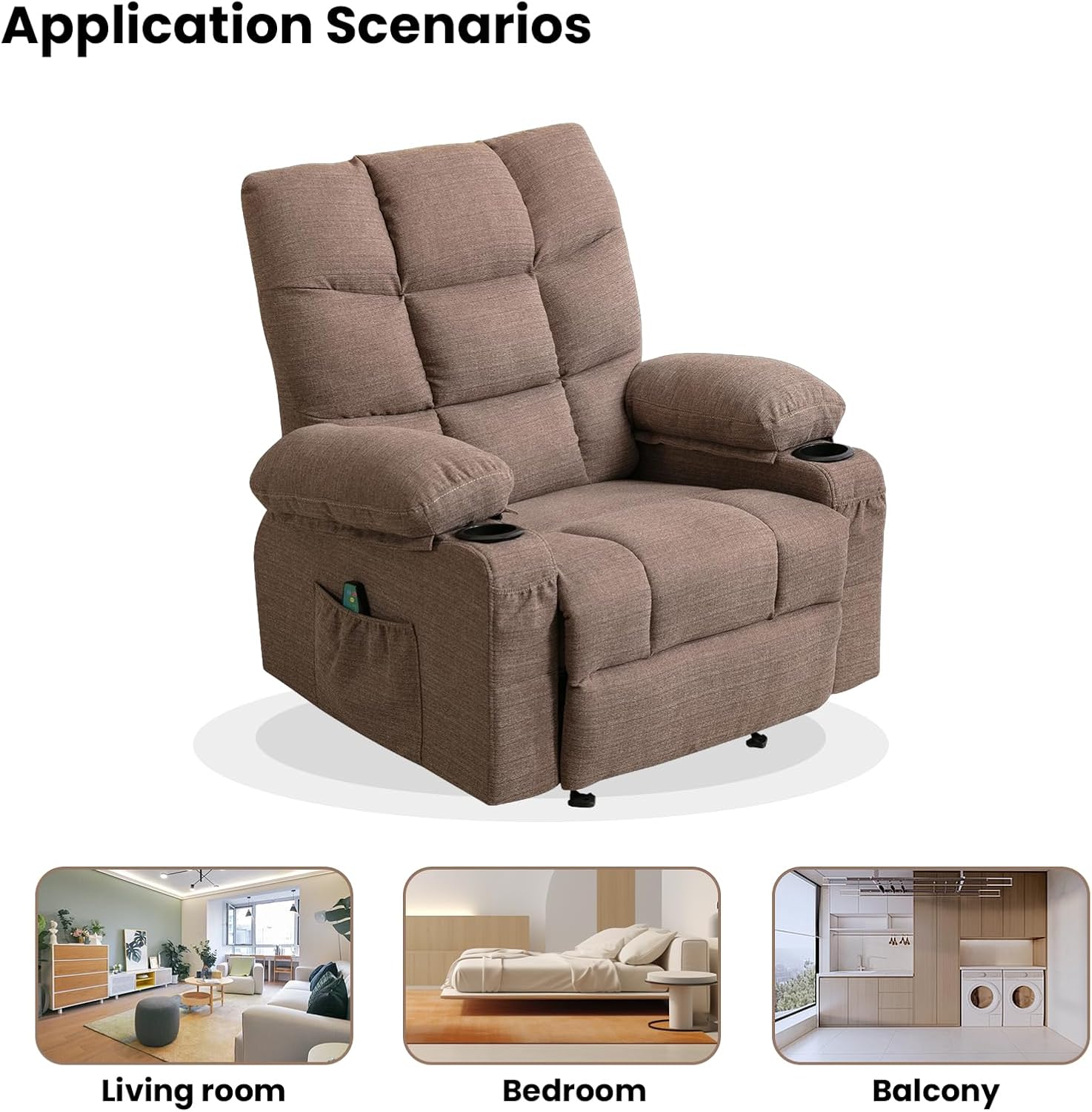 Boy Lazy Recliner Chair for Adults & Elderly with 8 Points Power Massage & Lumbar Heated - Modern Adjustable Manual Fabric Recliner Sofa with Lay Flat 150° 2 Cup Holders Side Pockets,Brown
