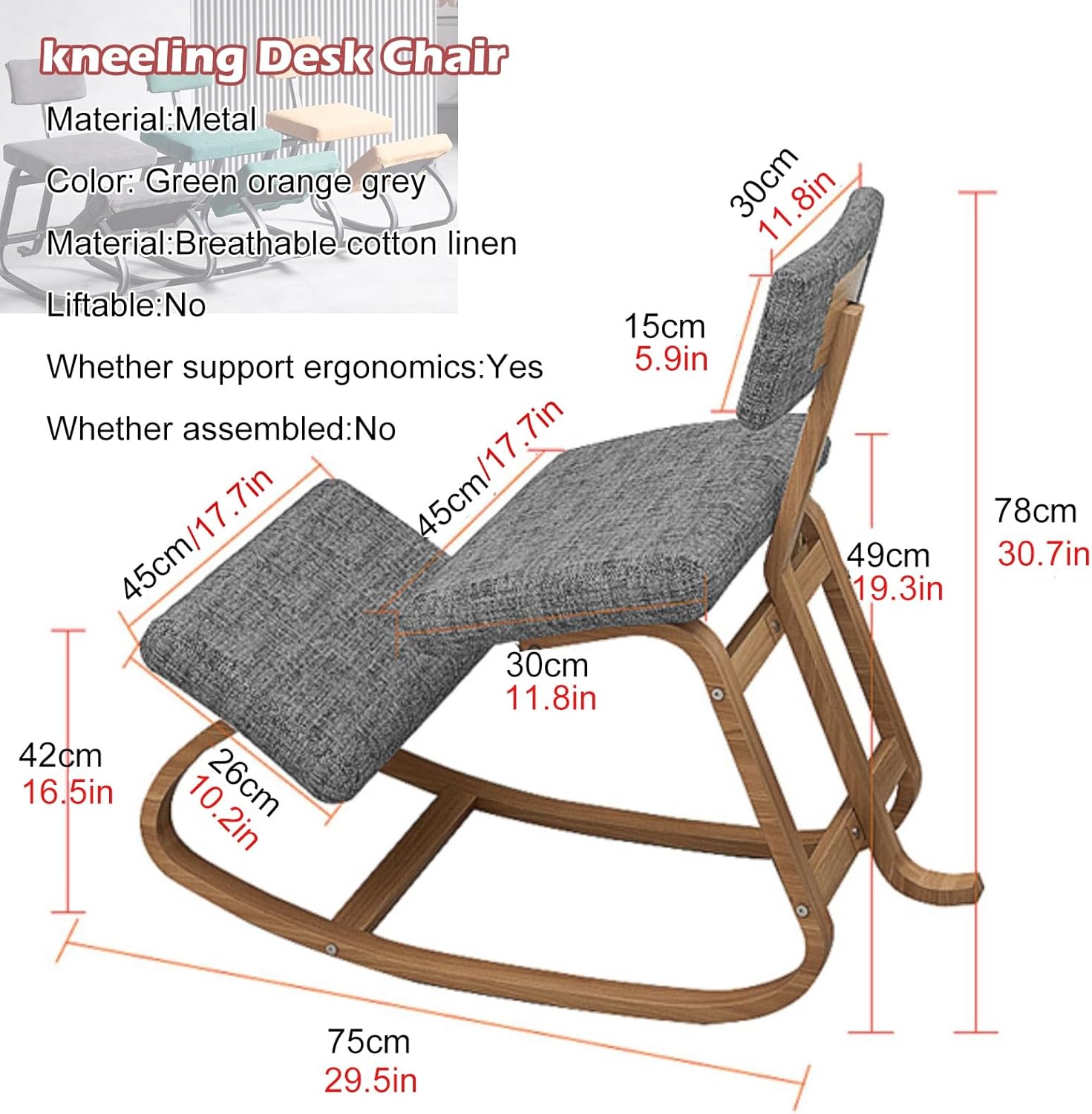 Ergonomic Kneeling Chair with Back Support, Kneeling Posture Rocking Chair Desk Stool Upright Gray for Both Teenagers Adults Computer Workers, Height Adjustable Office Seat