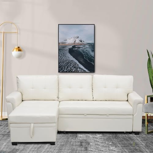 Naomi Home Jenny Sectional Sofa Sleeper with Storage Chaise, Tufted Pull Out Couch with Storage, L-Shaped Reversible Sleeper Sofa with Storage, Black,Air Leather
