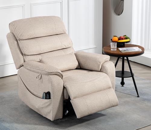 Light Grey Recliner Chair for Elderly | Tall and Big Man 400lbs | Chenille | Power Lift, Lay Flat, Stand Up, Wireless Charging Device, Extended Footrest, Massage Heat, Cup Holder, Lumbar Pillow