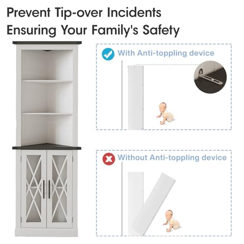 Maupvit 66.8" Tall Corner Cabinet with 2 Glass Doors, Modren Storage Cabinet with Adjustable Shelves, Freestanding Corner Display Cabinet for Living Room, Bathroom, Hallway, White