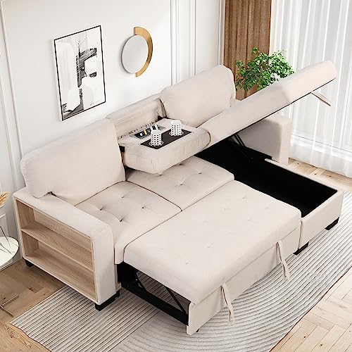 85.2" Upholstery Sleeper Sectional Couch Futon Sofa Bed with Storage Chaise for Living Room Convertible Pull Out Couch USB port 2 Cup Holders Small Lounge Space Beige