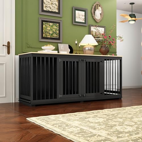 Dog Crate Furniture 71" Heavy Duty Wooden Large Dog Kennel with Trays, Removable Divider, Indoor Furniture Style Dog Crate House W/Double Rooms for Large Medium Small Dogs, White