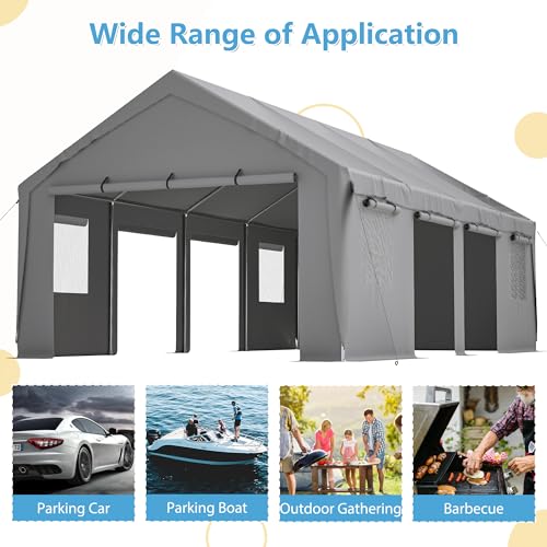 Carport 20x12ft,2in1 Kit Car Canopy Portable Garage,Heavy-Duty Waterproof & UV Protected,Car-Port with Roll-up Ventilated Windows & Removable Sidewalls for SUV,Truck,Boat,Tractor,Sand