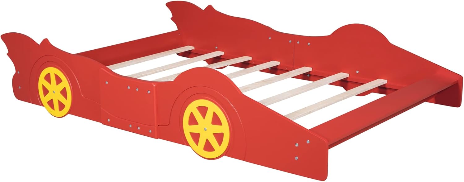 Full Size Race Car-Shaped Platform Bed with Wheels, Kids Car Bed, Wooden Car Shaped Platform Bed Frame for Kids Boys Girls Bedroom, No Box Spring Needed, Rails Design On Both Side, Full, Red