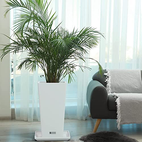 Elevens 2-Pack White Outdoor Planters 24 Inch, Plastic Square Tapered Planters for Indoor Outdoor Plants, Large Planters with Tray for Patio.