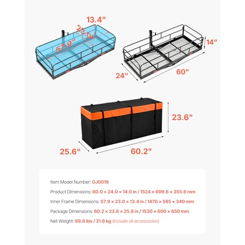 VEVOR 70" x 30" x 6", Hitch Cargo Carrier, 500 lbs Capacity with Nighttime Reflective Reminder, Folding Hitch Mount Cargo Carrier Basket with Hitch Lock for 2" Receiver, Fit for SUVs