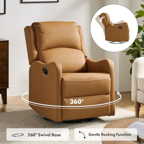 HULALA HOME Swivel Rocker Recliner Chairs Set of 2, Comfy Faux Leather Manual Recliners with Padded Seat Backrest,360° Swivel Glider Recliners for Living Room Bedroom Nursery, Camel