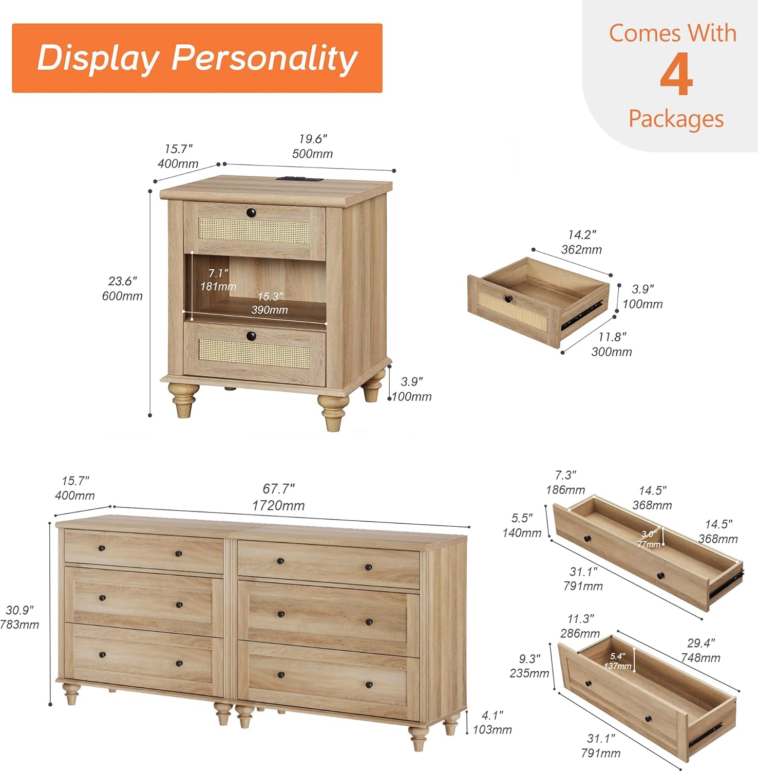 WAMPAT 4 Piece Dresser and Nightstand Sets - includes Two Farmhouse 3 Drawer Dressers for Bedroom, Set of 2 Side Tables Bedside Table with Charging Station, 4 Piece Bedroom Set, Oak