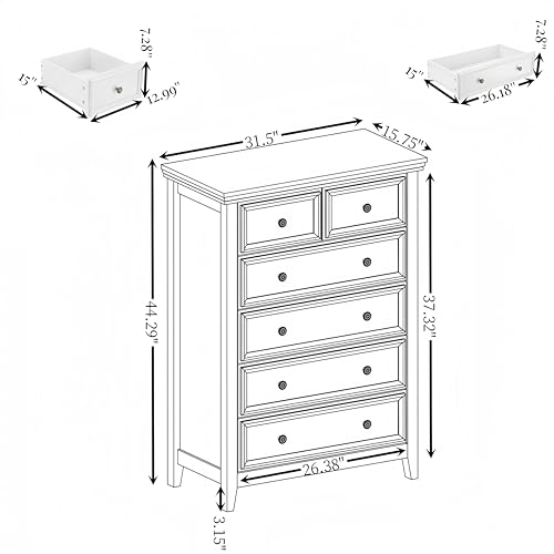 6 Drawer Dresser Chest with Slide Rails and Modern Metal Handles – Farmhouse & Modern Design, Wood Grain Tabletop, Anti-tipping Device, Multipurpose Storage Solution,White