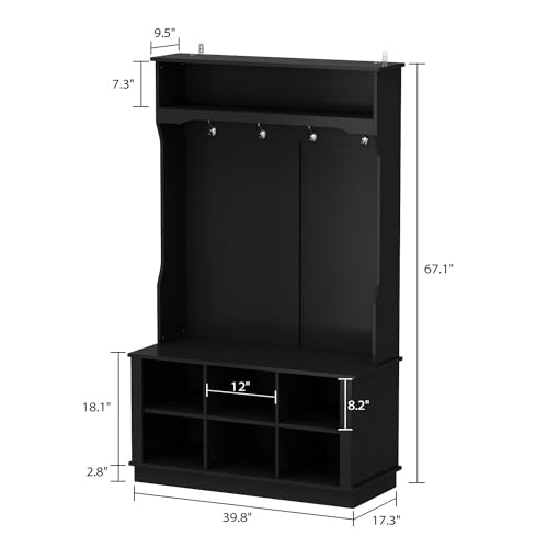MOUMON Entryway Coat Rack with Storage Bench, Mudroom Storage Hall Tree with Shoe Rack, Hanging Hooks, Hall Tree and Shoe Storage for Entryway Grey (34.3”W x 16.5”D x 68.5”H)